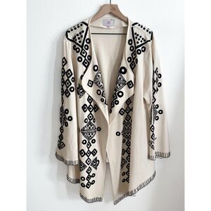 Roja Sweater Womens XL Ivory‎ Black Embroidered Geometric Cotton Boho Cardigan